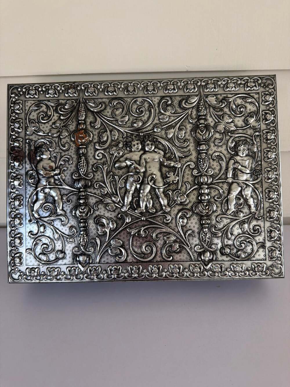 Vintage Embossed Metal Tin Cherubs Putti Baroque Cottage Silver West Germany